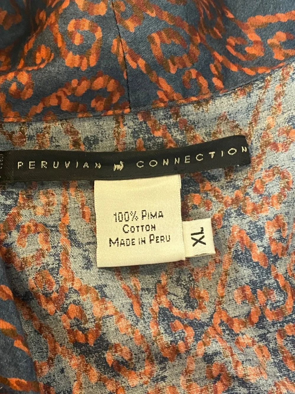 Peruvian Connection 100% Pima Cotton Blue Rust Print Belted Robe Size XL